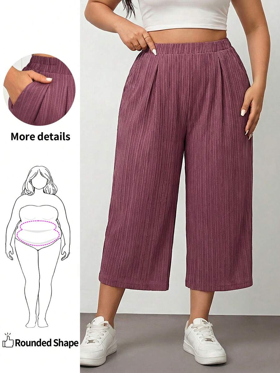 Enliva Plus Size Women's Spring And Summer Fashion Casual Loose Comfortable Cool Daily Basic Versatile Texture Fabric Elastic Waist Pink Wide Leg Pants, Women Bottom, Flowy Pants, Simlpe Style, European Summer, Capri, Vacation Pants, For Apple And Rounded Body Shape - Pink - View 1