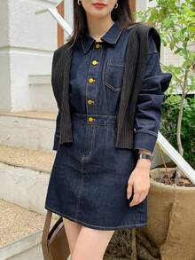 DAZY Solid Button Front Denim Dress - Dark Wash - View 6