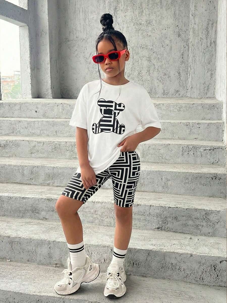 少女日常休闲圆领小熊印花T恤和印花打底裤套装 - 黑與白 - 查看 1