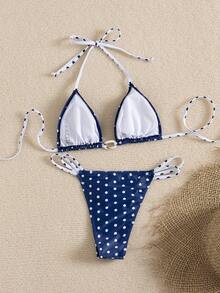 Swim Mod Bikini 2 pièces à imprimé pois avec attache au cou pour femmes, idéal pour les vacances à la plage au printemps/été - Multicolore - Voir 2