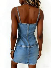 EMERY ROSE New Arrival Bestselling Denim Effect Print Regular Fit Women Camisole Bodycon Mini Dress - Multicolor - View 2