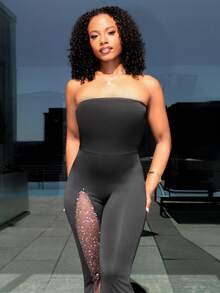 Steph T Women's Rhinestone Mesh Splice Strapless Jumpsuit - Black - View 5