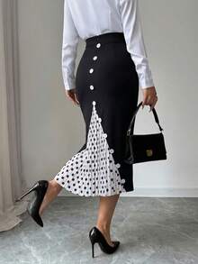 Selianne 女士优雅修身撞色褶裥波点半身裙，春夏款 - 黑色 - 查看 4