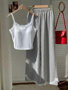 Comfortcana 大码休闲条纹蕾丝吊带背心两件套 - 黑與白 - 查看 3