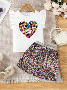 2件套女童针织派对亮片印花T恤和迷你裙套装 - 彩色 - 查看 6