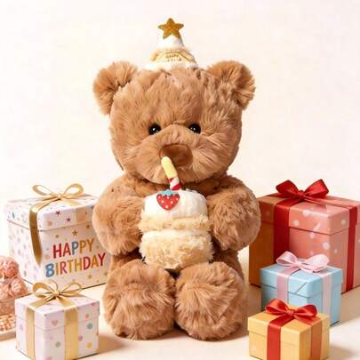 POKOJA LAND 15inch Happy Birthday Bear Holding Cake Stuffed Animals, Kawaii Big Teddy Bear Plushies Toys Sofa Decor Gift, Holiday Preferred Gifts For Family, Friends And Classmates