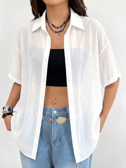 SHEIN EZwear 大码女式夏季休闲度假日常通勤简约纯色半透明宽松衬衫