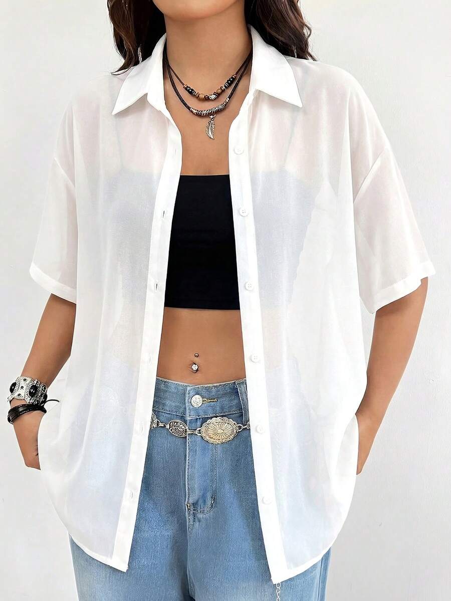 SHEIN EZwear Áo kiểu nữ cỡ lớn mùa hè, thường ngày, đi nghỉ mát, đơn giản, màu trơn, hơi xuyên thấu, dáng rộng. - trắng - Xem 1