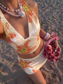 Glamine 2件套亮片花卉提花装饰夏季度假风深V领女裙套装 - 杏色 - 查看 1