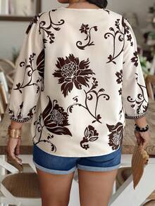 Weeklong Plus Size Casual Floral Print V-Neck Lantern Sleeve Shirt - Multicolor - View 2