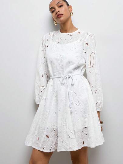 Maija White Water-Soluble Lace Embroidered Short Dress With Lantern Sleeves, Spring/Summer For Women Graduation Holiday Outfits