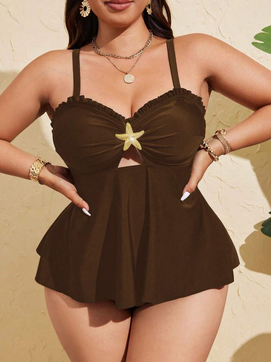 Swim Lushoire 大码女式两件套纯色吊带露脐上衣及金属装饰比基尼套装 - 咖啡棕 - 查看 1