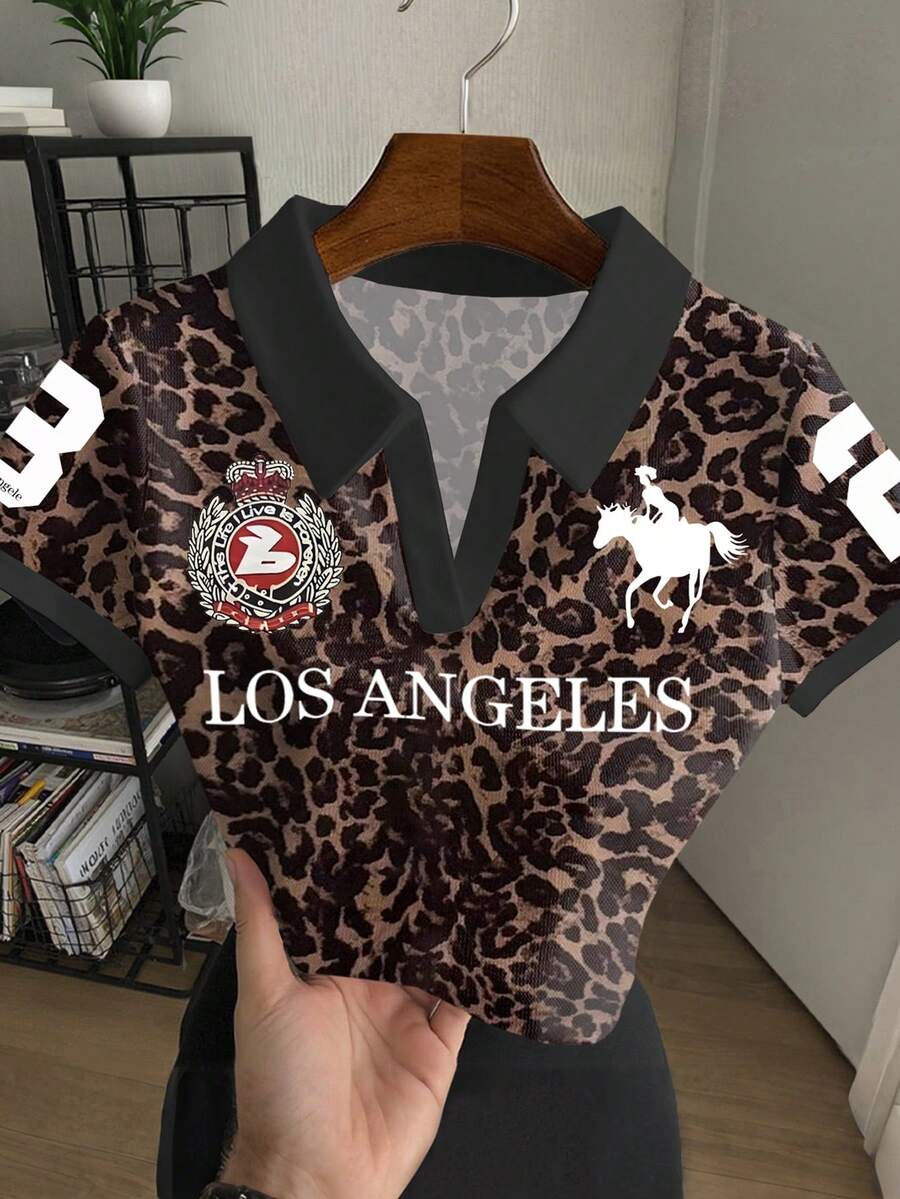 Rovax 女士豹纹拼接领短袖时尚衬衫 - 黑與白 - 查看 1