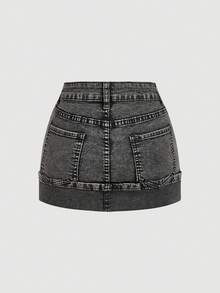 SHEIN MOD 女士休闲水洗牛仔迷你裙，夏季 - 灰色 - 查看 2