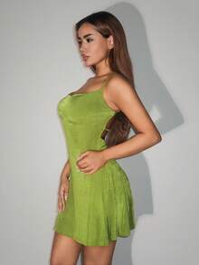 SHEIN ICON Fitted Glitter Velvet Backless Waist Cinched Mini Dress - Green - View 1