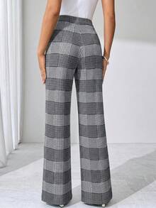 SHEIN Clasi Women's Casual Commuter High Waist Plaid Flare Pants, Autumn  Black, White, And Gray Plaid Stretch Slim-Fit Trousers, Leggings, Yoga Pants, Classic Slim-Fit Trousers For Commuting And Going Out, Made Of High-Elastic Fabric, High-Waisted, Tummy-Control, Basic Slim-Fit - Grey - View 2