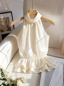 Franclia Women's Shirt With Neck Tie, Ruffle Hem - White - View 1