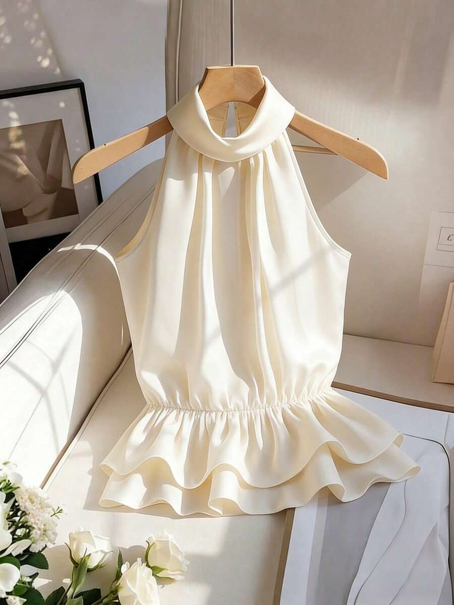 Franclia Women's Shirt With Neck Tie, Ruffle Hem - White - View 1