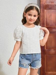 Emery Rose Kids Emery Rose Kids 女童纯色梭织泡泡袖镂空休闲衬衫 - 白色 - 查看 2