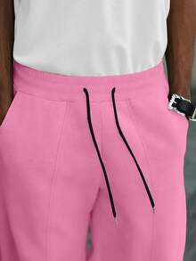 Manfinity EMRG Men's Solid Color Drawstring Waist Slant Pocket Casual Loose Sweatpants - Pink - View 4