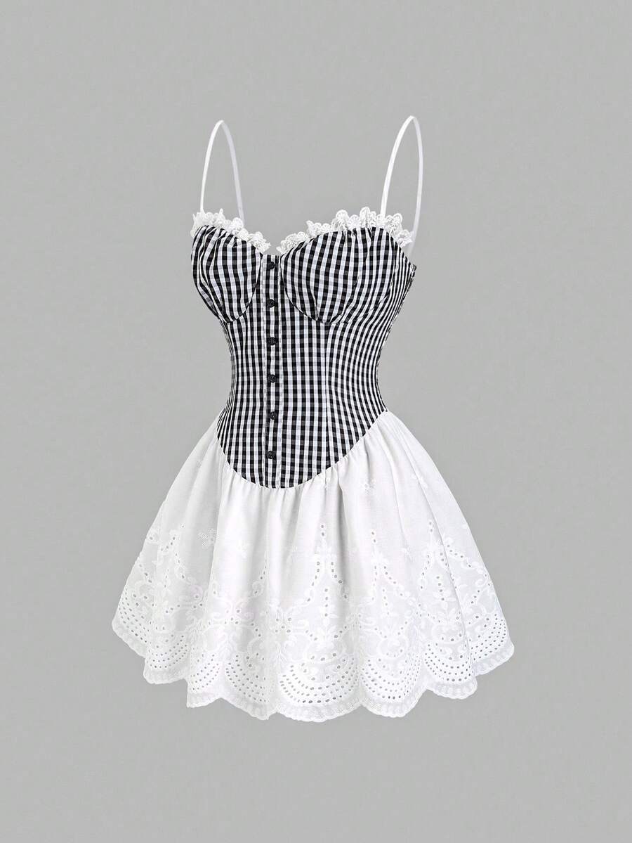 SHEIN Sweetro Đầm nữ mùa hè dễ thương, ngọt ngào, thanh lịch, dáng chữ A, xếp ly, ôm sát, gấu váy nhún bèo, màu trắng thêu, cổ áo xếp nếp lượn sóng, đen trắng kẻ caro, dây đeo mảnh. - Đen và trắng - Xem 1