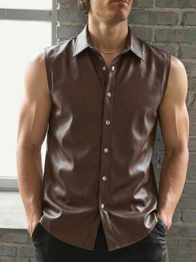 HIMLAND Camisa casual masculina de cor sólida, sem mangas, com botões na frente, verão