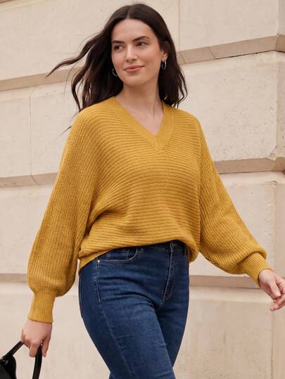 Juhart Plus Size Solid Color V-Neck Casual & Versatile Long Sleeve Pullover Sweater, For Winter Knit Pullover Fall Autumn