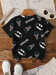 BATMAN X SHEIN 男童休闲圆领卡通字母印花短袖T恤，百搭日常穿着 - 白色 - 查看 2
