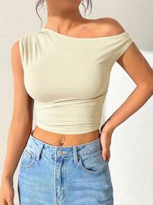 SHEIN EZwear 女士浅黄色无袖露脐背心，米黄色衬衫 - 淡黃色 - 查看 4