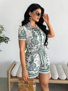 Vavine Women's Tropical Plant Print Short Sleeve Casual Shirt & Shorts Jumpsuit - Multicolor - View 5