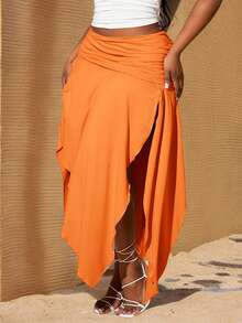 SHEIN SXY Plus Size Women Orange Summer Beach Holiday Solid Ruched Waist Asymmetrical Hem High Slit Skirt,Resort Casual Shopping Streetwear Skirt - Orange - View 6
