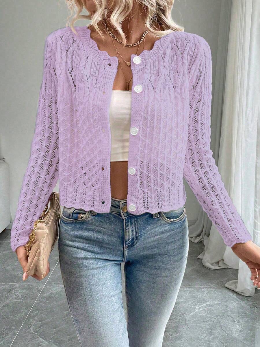 EMERY ROSE Women's Round Neck Hollow Front Button Cardigan, Autumn/Winter Knitted Sweater Jacket - Purple - View 1