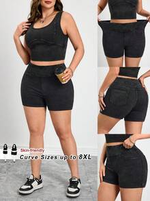 SHEIN CURVE+ Short en jean noir taille haute extensible coupe slim, décontracté, pour l'été. Convient pour les occasions décontractées, les vacances, les sorties, les fêtes et les mariages. - Noir - Voir 9