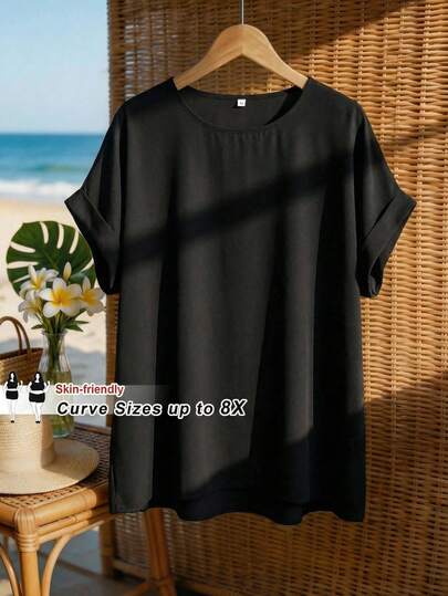 SHEIN CURVE+ Blusa casual de cuello redondo y manga de murciélago de unicolor para mujer de talla grande, camisa negra