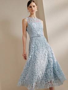 Anewsta Trang phục dự tiệc và nghỉ dưỡng thanh lịch, mẫu mới về: Đầm ren không tay màu xanh nhạt sang trọng kiểu Pháp, dáng ôm eo, thích hợp đi biển. - Màu xanh nhạt - Xem 5