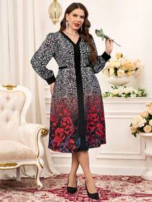 Miaspire Vestido de manga larga con cuello en V, estampado de flores de rosa y efecto degradado para tallas grandes - Negro - Ver 1