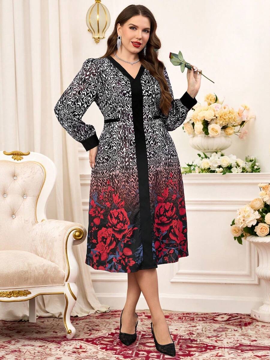 Miaspire Vestido de manga larga con cuello en V, estampado de flores de rosa y efecto degradado para tallas grandes - Negro - Ver 1