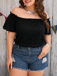 Enliva 露肩荷叶边褶皱衬衫，适合女性办公室穿着，亦可作为度假夏季优雅上衣。 - 黑色 - 查看 4