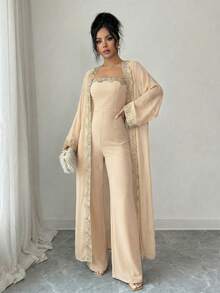 SHEIN Raffinéa 女士时尚雪纺开衫，金色花卉饰边，搭配优雅连体裤，两件套 - 杏色 - 查看 7