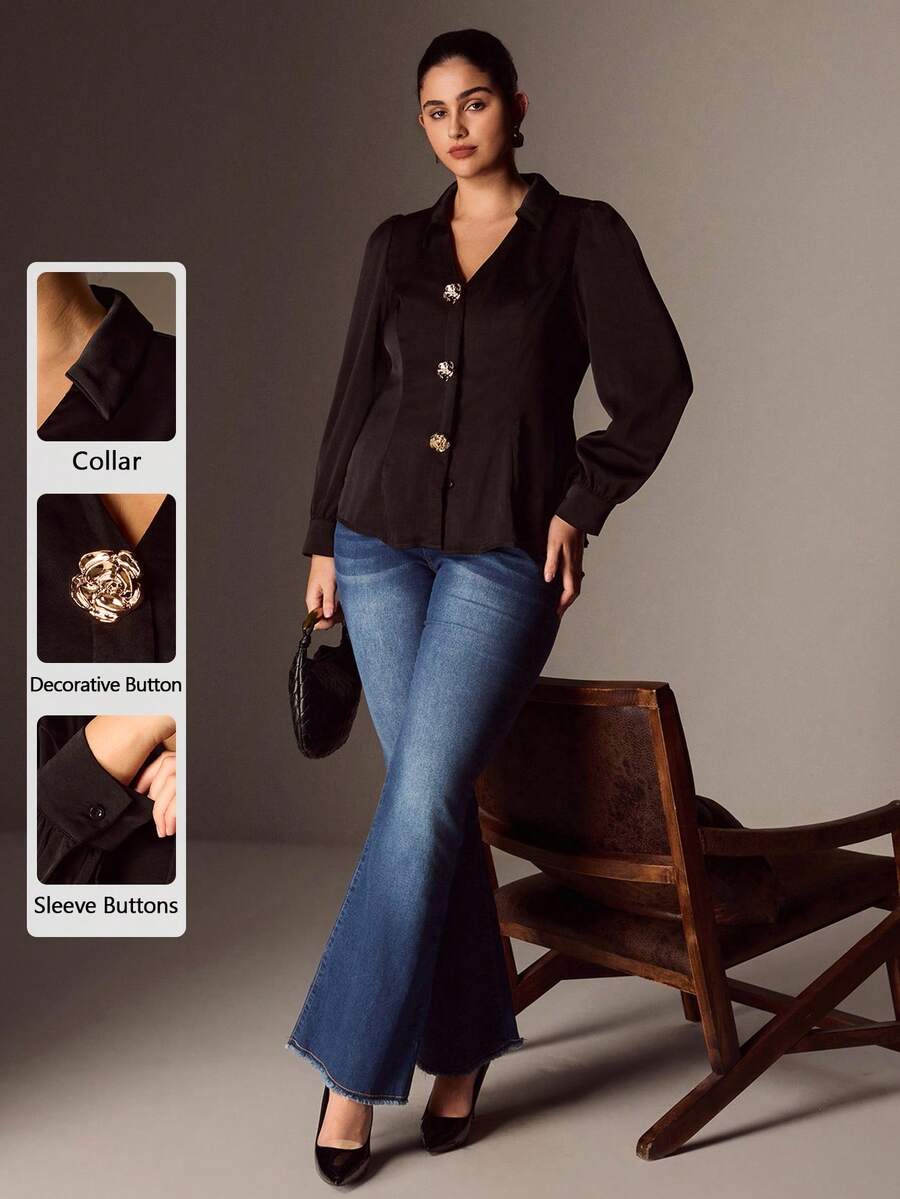Juhart Plus Size Lantern Sleeve Casual Loose Metal Decor Satin Shirt, Suitable For Commuting, Party, And Dating, Lapel Elegant Shirt - Black - View 1