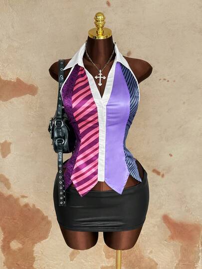 Sunspun Plus Size Fashionable Sleeveless Printed Deep V Slim Fit Blouse, Spring/Summer