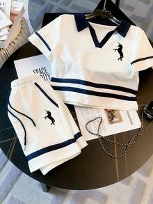 Franclia Conjunto de top de manga raglán con cuello polo + pantalones cortos casuales - Blanco - Ver 4