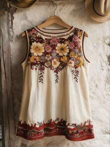 EMERY ROSE Linen Cotton Printed Casual Sleeveless Shirt, Versatile Blouse - Multicolor - View 1