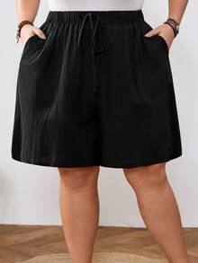 SHEIN CURVE+ Curve 尺码 US22 音乐节、海滨度假、波西米亚风女士抽绳腰带口袋舒适休闲短裤，适合海滩度假、机场出行、黑色女士休闲短裤、夏季返校季 - 黑色 - 查看 5