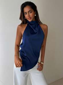 Aloruh Women's Solid Color Elegant Backless Halter Neck Blouse, Suitable For Party, Commute And Vacation,Summer Top - Navy Blue - View 3