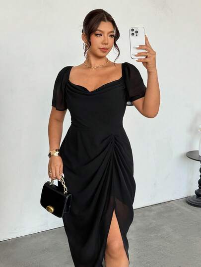 Firerie 大码女式纯色褶皱腰部开衩优雅派对连衣裙