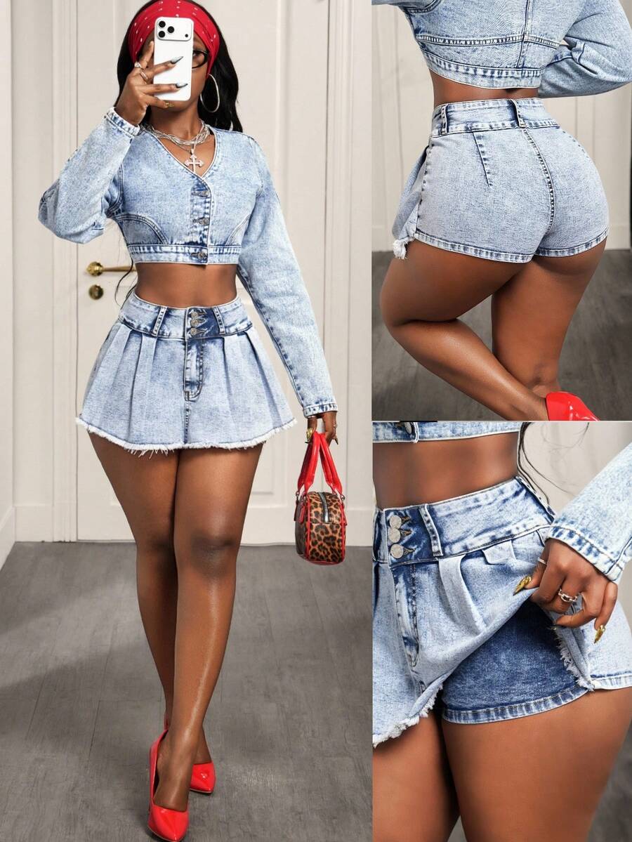 BamGleam Women's Casual Denim Skorts With Waist Button, Pleated, Fringe Hem - Light Wash - View 1
