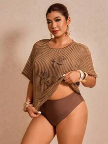 Elaquor Bộ bikini đi biển cỡ lớn với áo khoác ngoài họa tiết sao biển, trang phục nghỉ mát mùa xuân/hè thanh lịch dành cho phụ nữ, đồ bơi cỡ lớn cho nữ. - Lạc đà - Xem 7