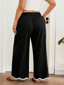 SHEIN Frenchy Plus Size Women Contrast Color Casual Versatile Wide Leg Pants For Daily Wear Brown Pants For Women Gym Summer - Black - View 2