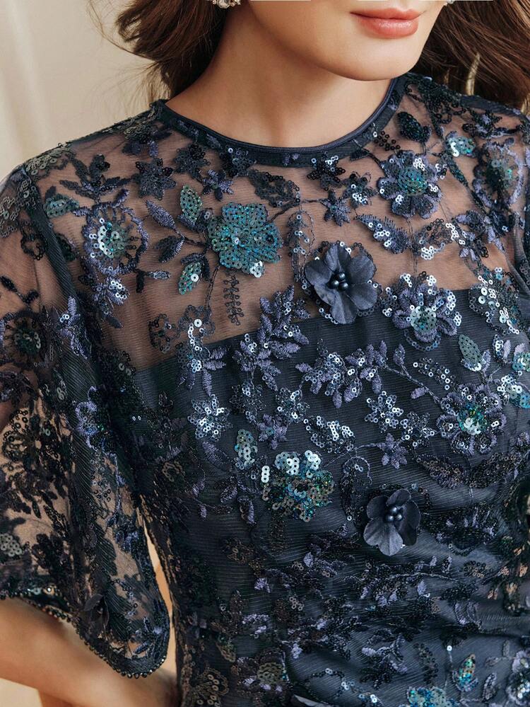 Elegant Navy Blue Floral Mesh Ruffle Trim Sequin Embellished Short Sleeve Dress, Suitable For Parties, Dates, Resorts, Spring/Summer Outfits